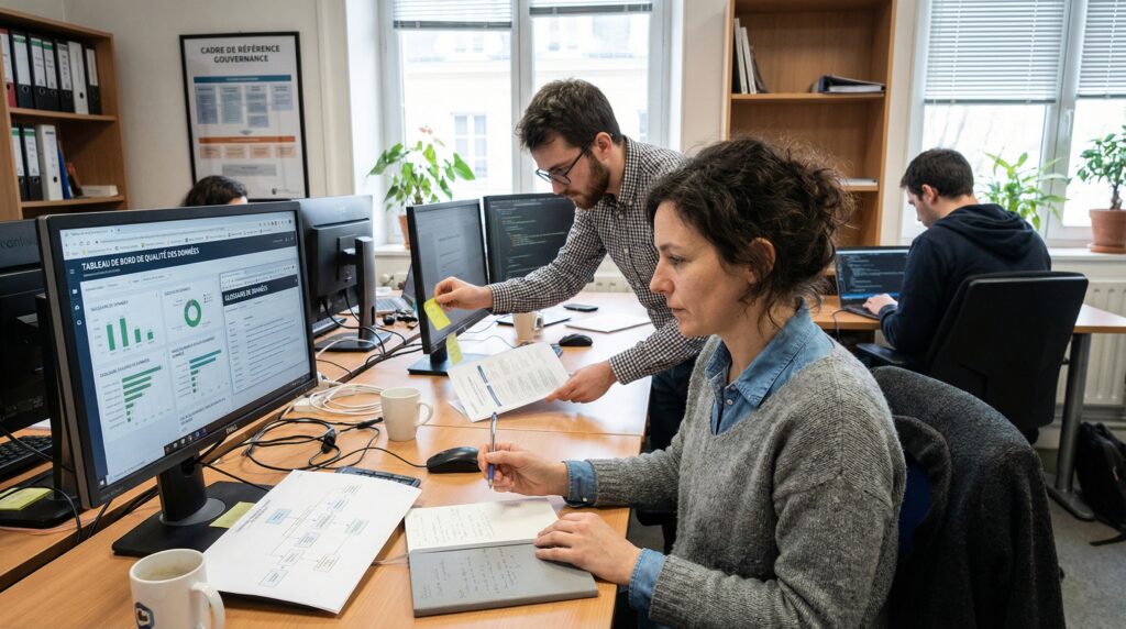 Trois personnes travaillant dans un bureau, analysant des données sur des écrans d'ordinateur, avec des graphiques et des rapports en main.
