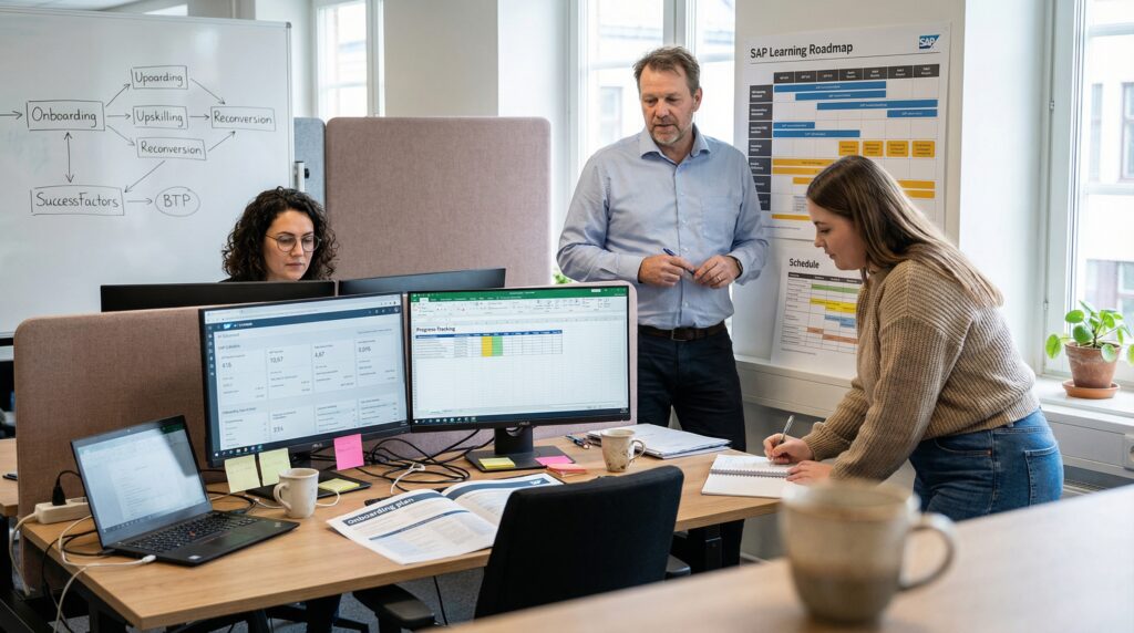 Une équipe de travail en pleine discussion autour de plusieurs ordinateurs dans un bureau moderne.
