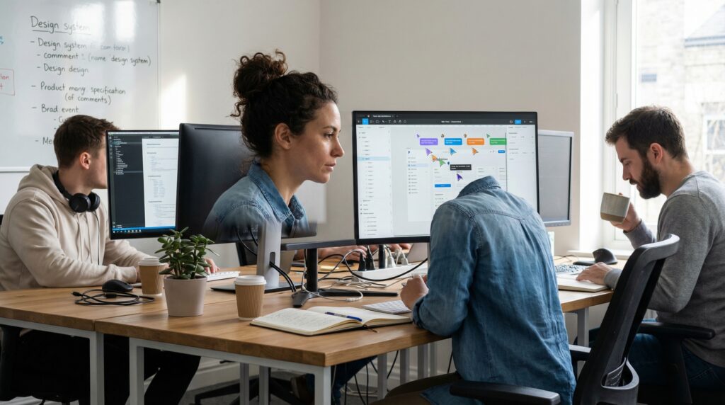 Groupe de collègues travaillant ensemble dans un bureau moderne, utilisant des ordinateurs et des documents de projet.