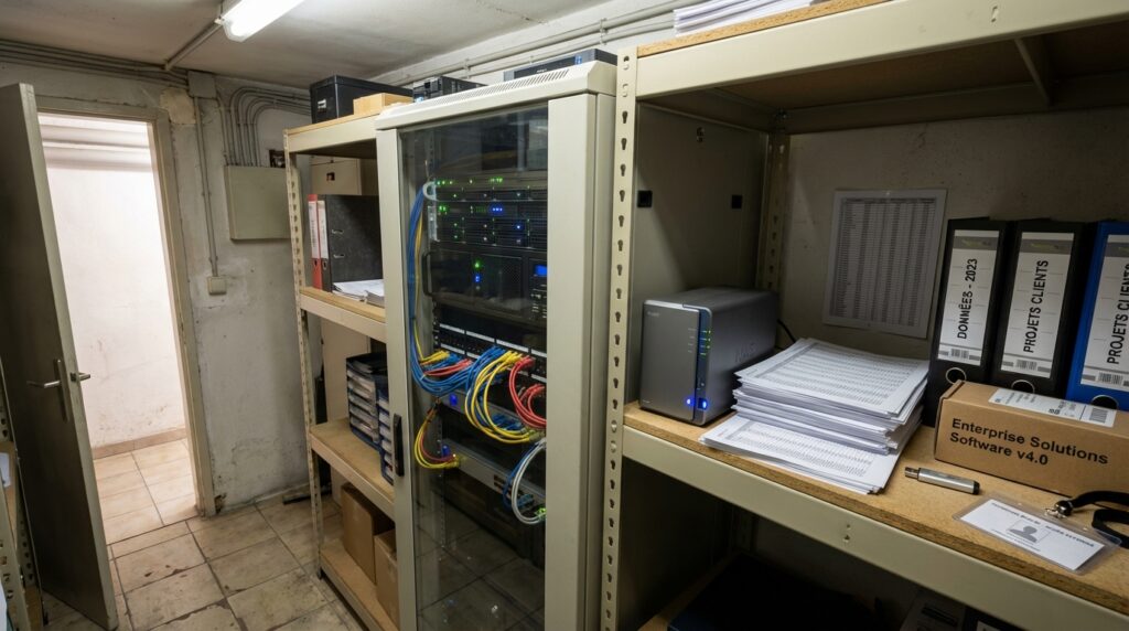 Vue d'un cabinet de serveurs avec des équipements informatiques et des documents organisés sur les étagères.