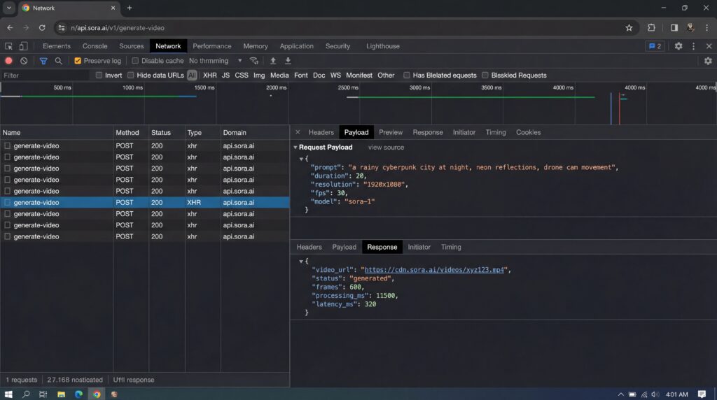 Capture d'écran montrant l'outil de développement d'un navigateur avec des données de performance réseau.