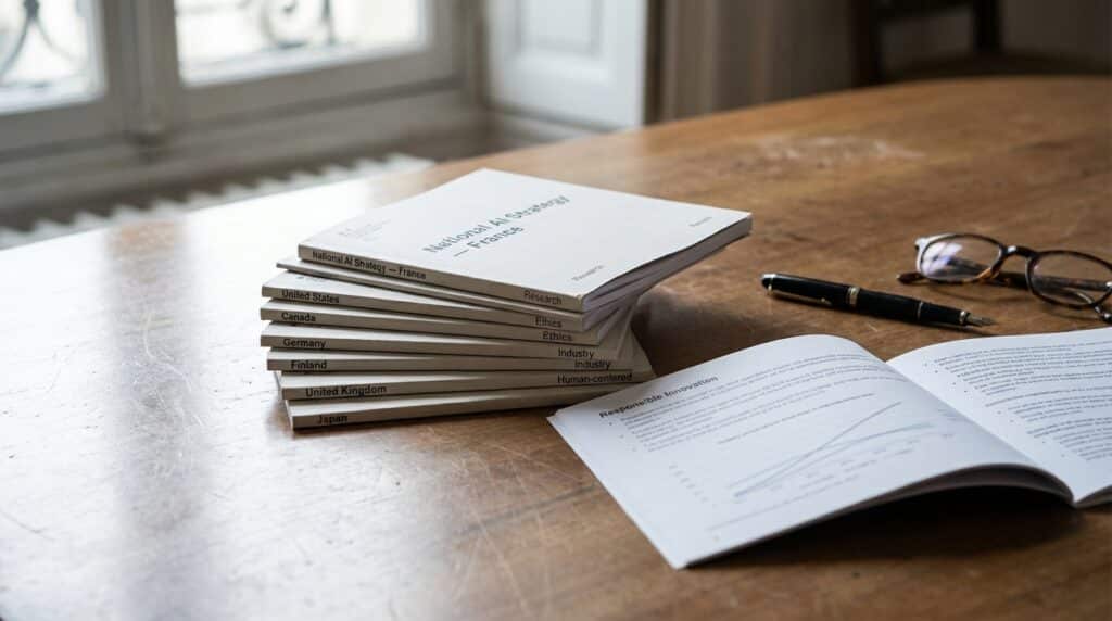 Un ensemble de carnets blancs empilés sur une table en bois, avec un carnet ouvert à côté et des lunettes et un stylo en arrière-plan.