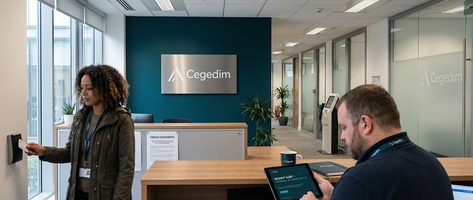 Deux employés dans un bureau moderne de Cegedim, l'un utilise une carte d'accès pour ouvrir une porte tandis que l'autre consulte des informations sur une tablette.