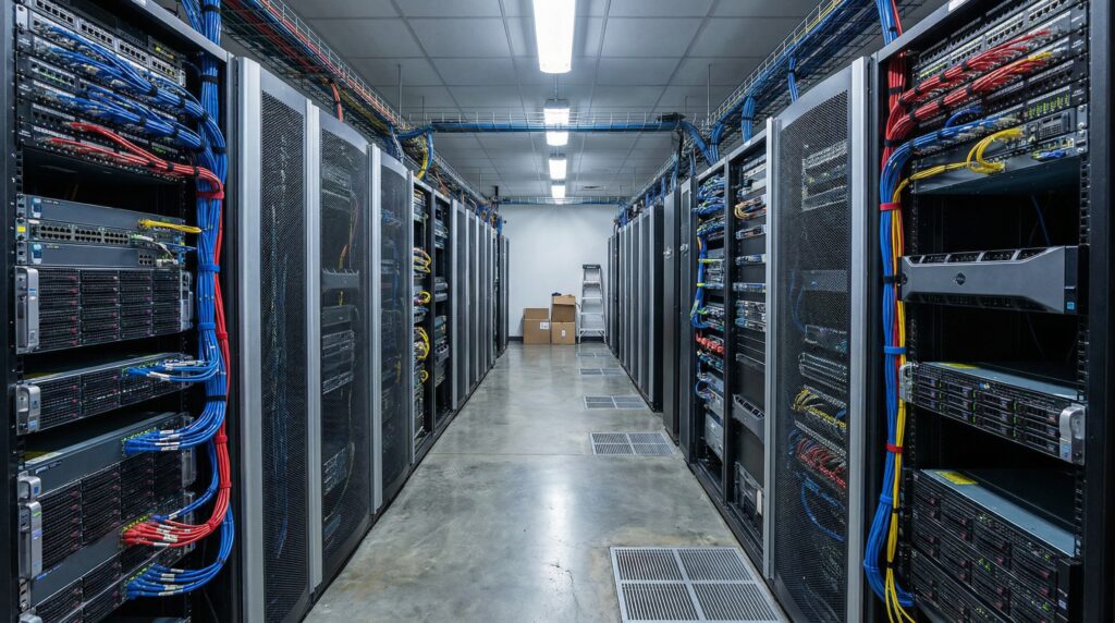 Vue intérieure d'un centre de données montrant des rangées de serveurs avec des câbles colorés.