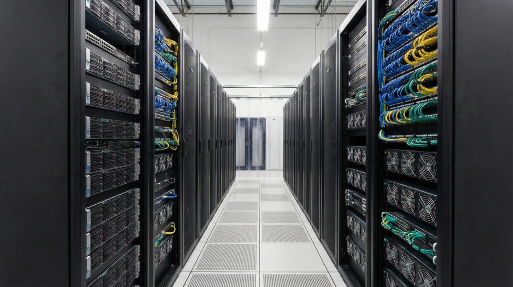 Vue intérieure d'un centre de données avec des rangées de serveurs et des câbles organisés.