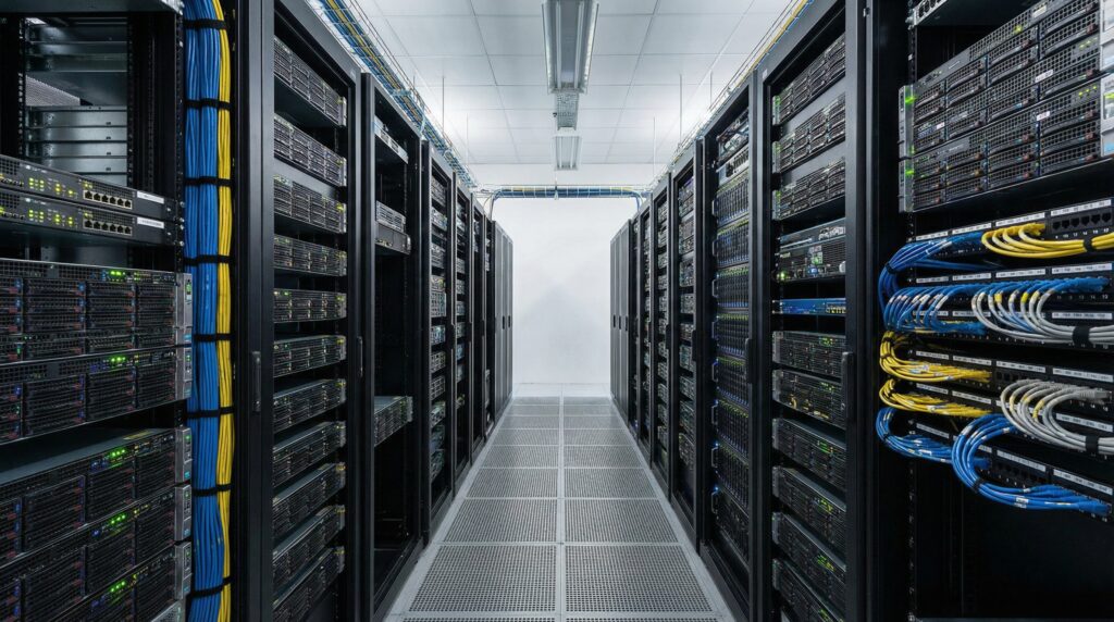 Vue intérieure d'un centre de données avec des rangées de serveurs informatiques et des câbles bien organisés.