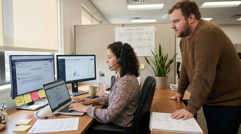 Femme au téléphone travaillant sur un ordinateur, tandis qu'un collègue observe derrière elle dans un environnement de bureau.