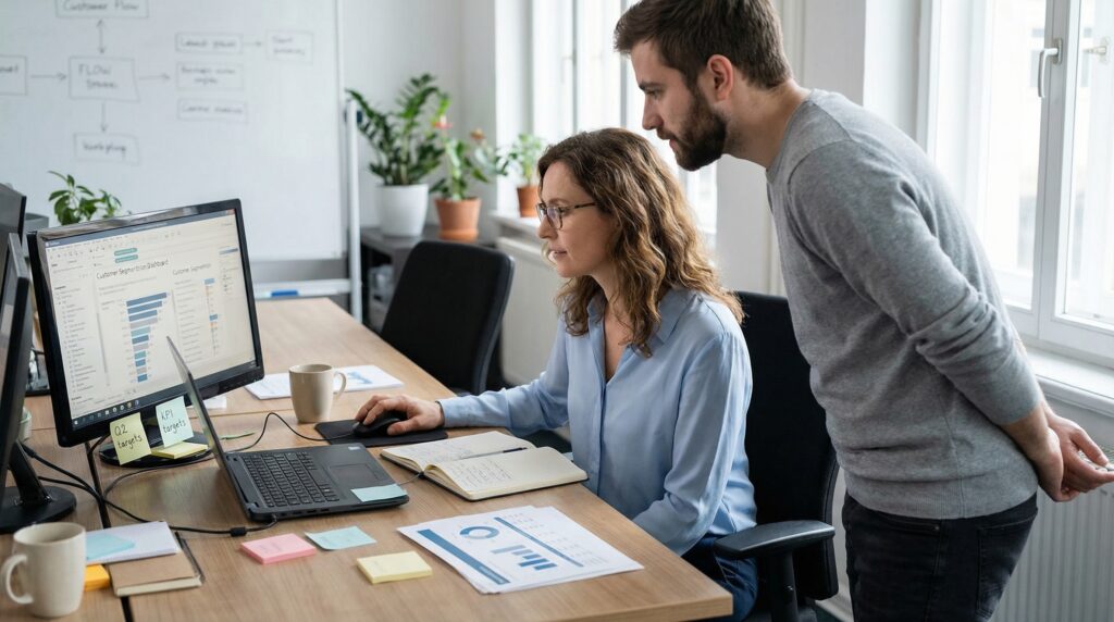 Deux collègues examinant des données sur un ordinateur dans un bureau lumineux.