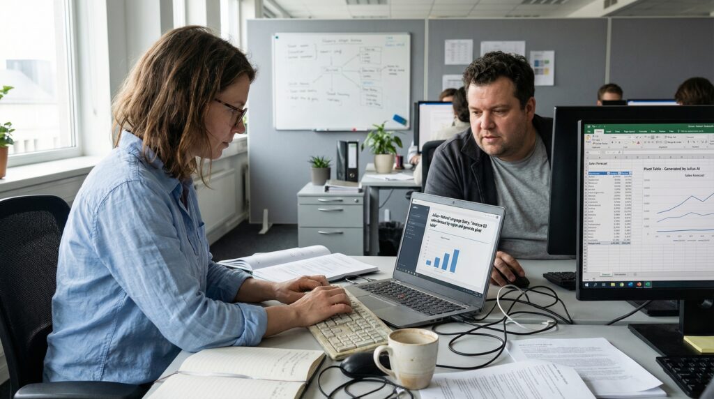 Deux collègues travaillant ensemble dans un bureau, analysant des données à l'aide d'un ordinateur portable et d'un graphique montrant une croissance sur l'écran.