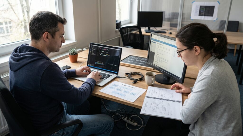 Deux collaborateurs travaillant ensemble devant des ordinateurs, l'un utilisant un ordinateur portable et l'autre feuilletant des documents.