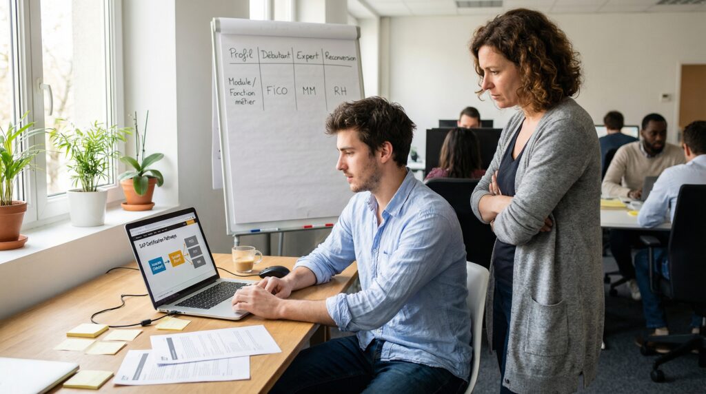 Un homme et une femme collaborent au bureau, l'homme travaillant sur un ordinateur portable tandis que la femme observe.