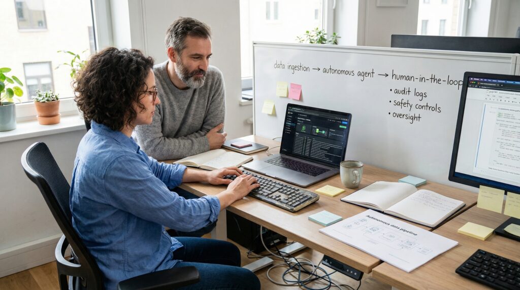 Deux collègues travaillant ensemble sur un ordinateur dans un bureau moderne.