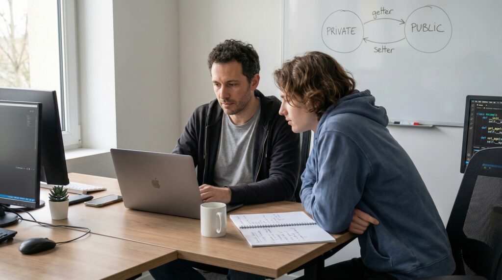 Deux personnes travaillant ensemble sur un ordinateur portable dans un bureau moderne, avec des notes et des graphiques en arrière-plan.
