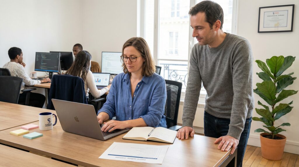 Deux collègues travaillant ensemble dans un bureau, l'un consultant un ordinateur portable pendant que l'autre prend des notes.