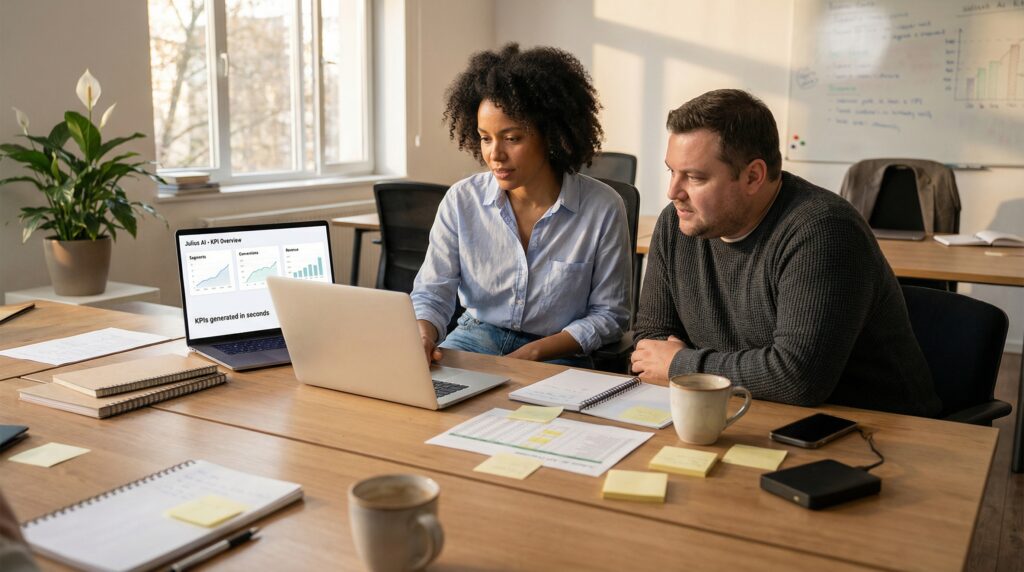 Deux personnes regardant un ordinateur portable dans un bureau, entourées de documents et de notes autocollantes.