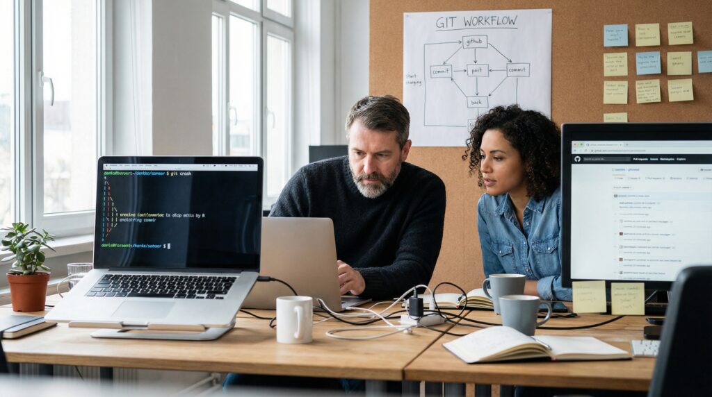 Deux collaborateurs discutant et travaillant ensemble sur un ordinateur portable dans un bureau moderne.