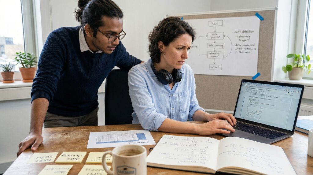 Deux collègues collaborant sur un projet, l'un examinant le travail de l'autre sur un ordinateur portable.