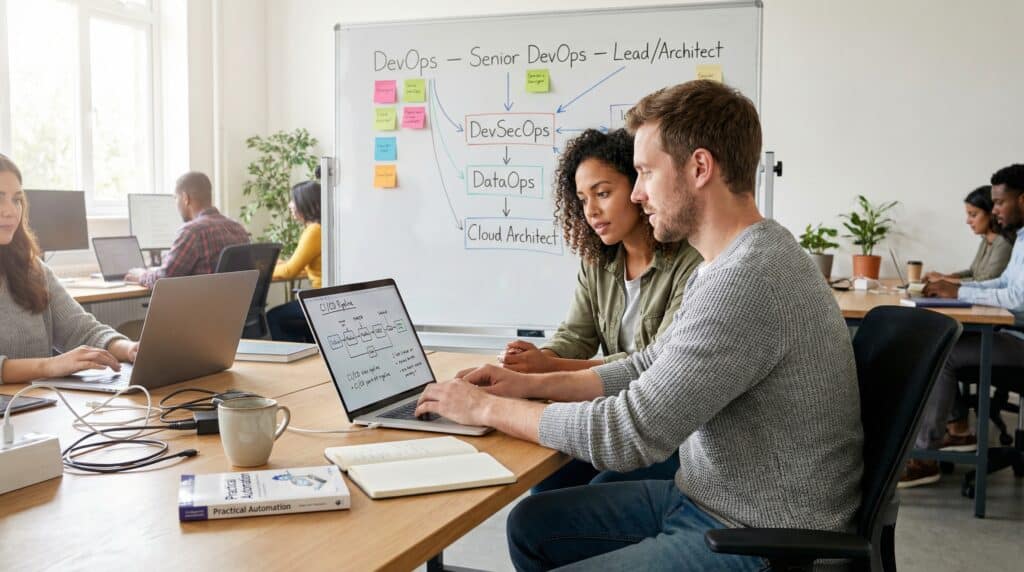 Deux collègues examinant des données sur un ordinateur portable, en train de collaborer dans un bureau moderne, avec un tableau blanc en arrière-plan.