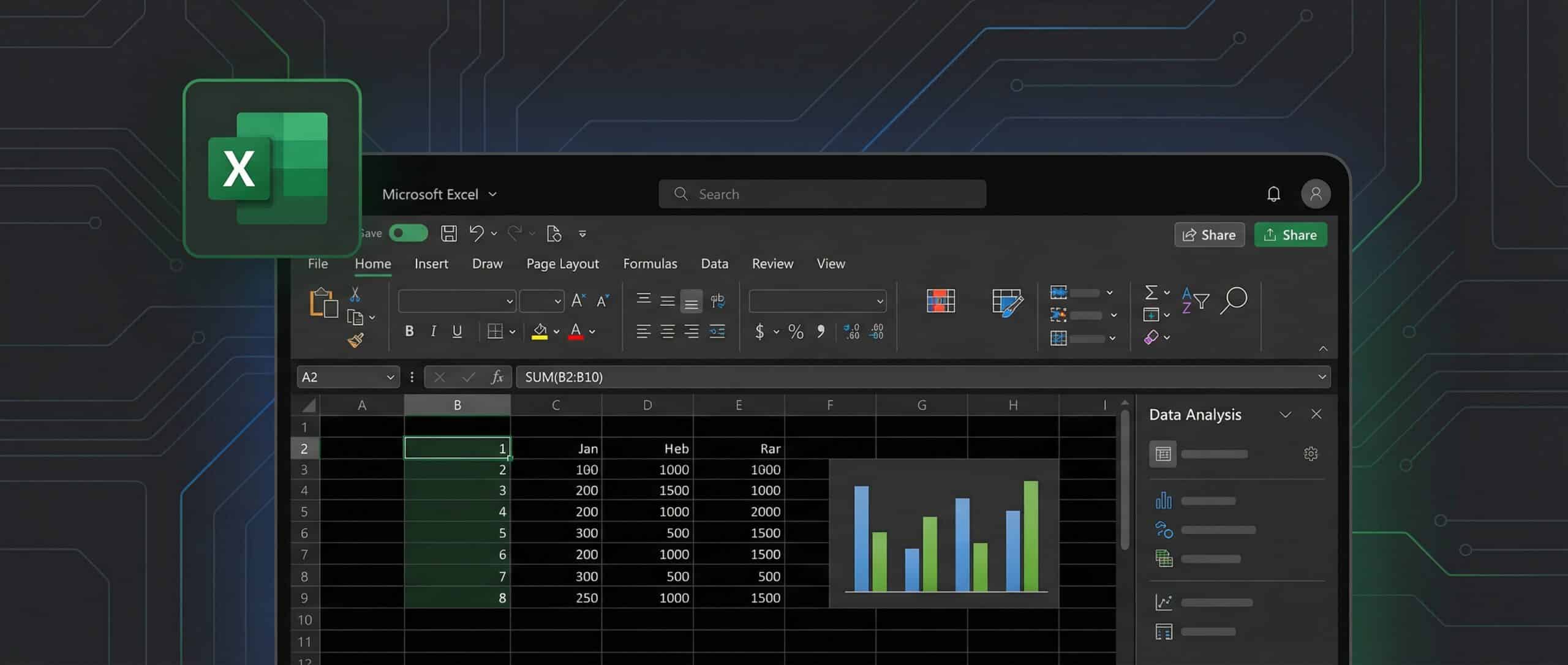 Capture d'écran d'une feuille de calcul Excel avec des données et un graphique à barres dans une interface sombre.