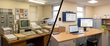 Une image scindée montrant un aménagement de bureau traditionnel avec une technologie obsolète à gauche et un espace de travail moderne avec des ordinateurs récents et une organisation épurée à droite.