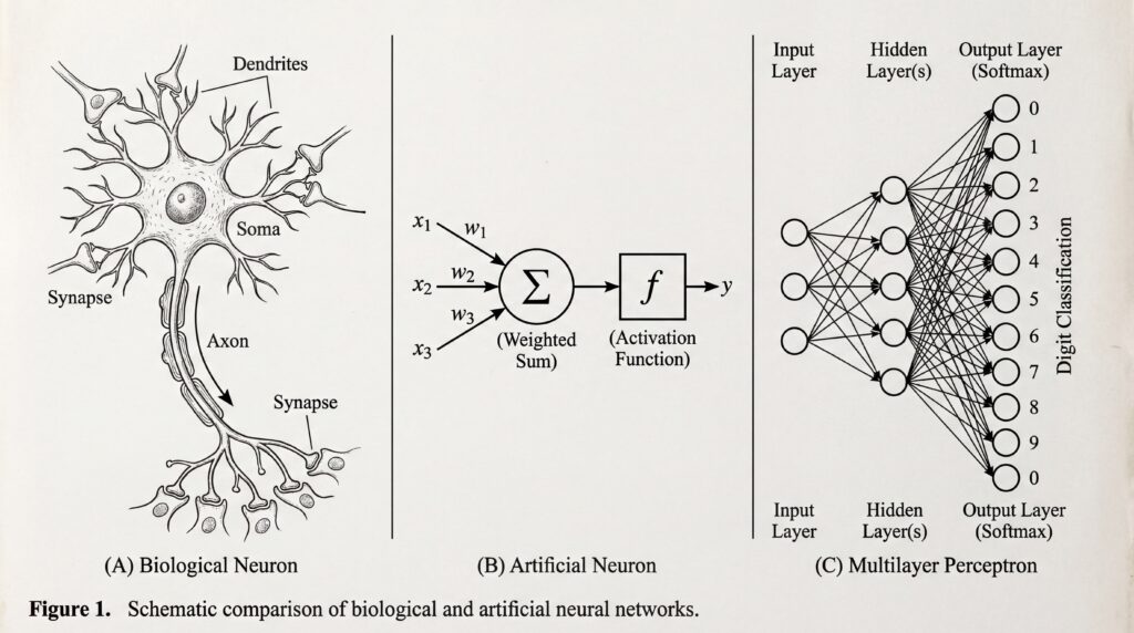 Schéma comparatif des neurones biologiques et artificiels, montrant la structure d'un neurone biologique à gauche et le fonctionnement d'un réseau de neurones artificiels à droite.