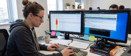 Femme travaillant sur un ordinateur avec deux écrans, analysant des données pour la certification en cybersécurité CompTIA Security+.