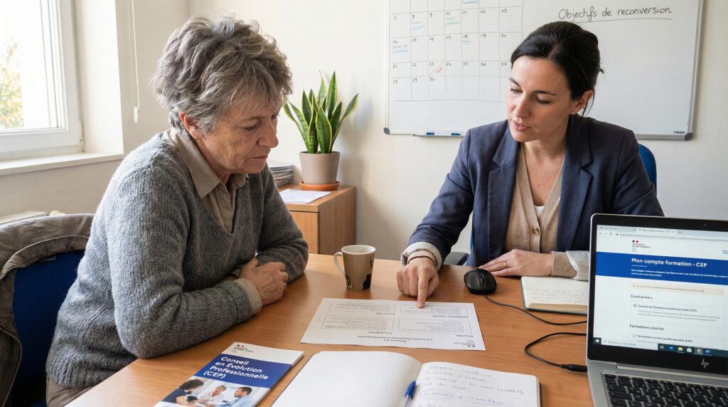 Deux personnes en consultation dans un bureau, l'une montrant des documents à l'autre.