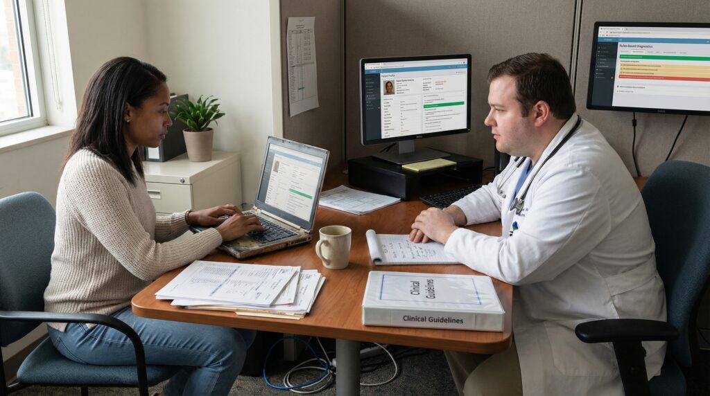 Un patient discutant avec un médecin dans un bureau médical, avec un ordinateur portable et des documents à disposition.