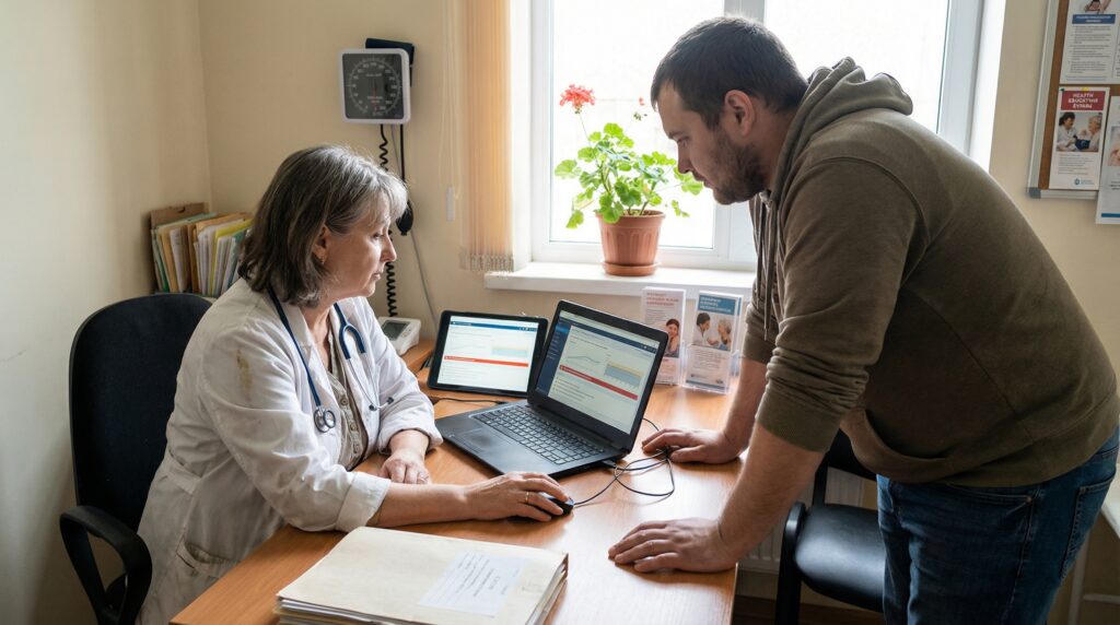 Consultation médicale entre un professionnel de santé et un patient, avec des documents et un ordinateur à l'écran.