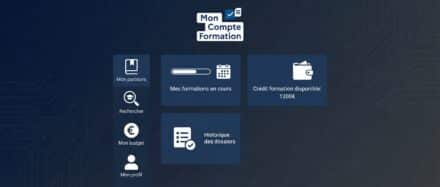Interface du Compte Personnel de Formation présentant différentes options comme les formations en cours et le suivi de crédit formation.