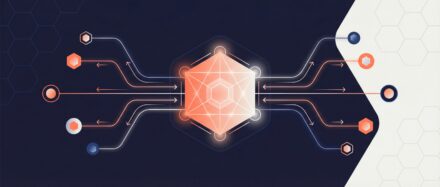 Une illustration montrant un hexagone lumineux connecté à des circuits, symbolisant la création d'une API.
