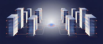 Illustration d'un centre de données avec plusieurs serveurs alignés et une lumière centrale, représentant l'infrastructure technologique.