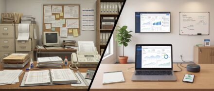 Bureau avec un ordinateur ancien à gauche et un espace de travail moderne avec graphiques sur un ordinateur portable à droite, illustrant les méthodes basées sur les données.
