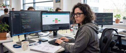 Une data engineer travaillant sur plusieurs écrans dans un bureau moderne, avec du code et des graphiques affichés.