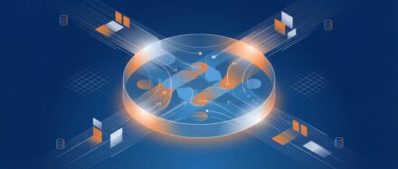 Illustration d'un lac de données avec des éléments graphiques représentant des flux de données.