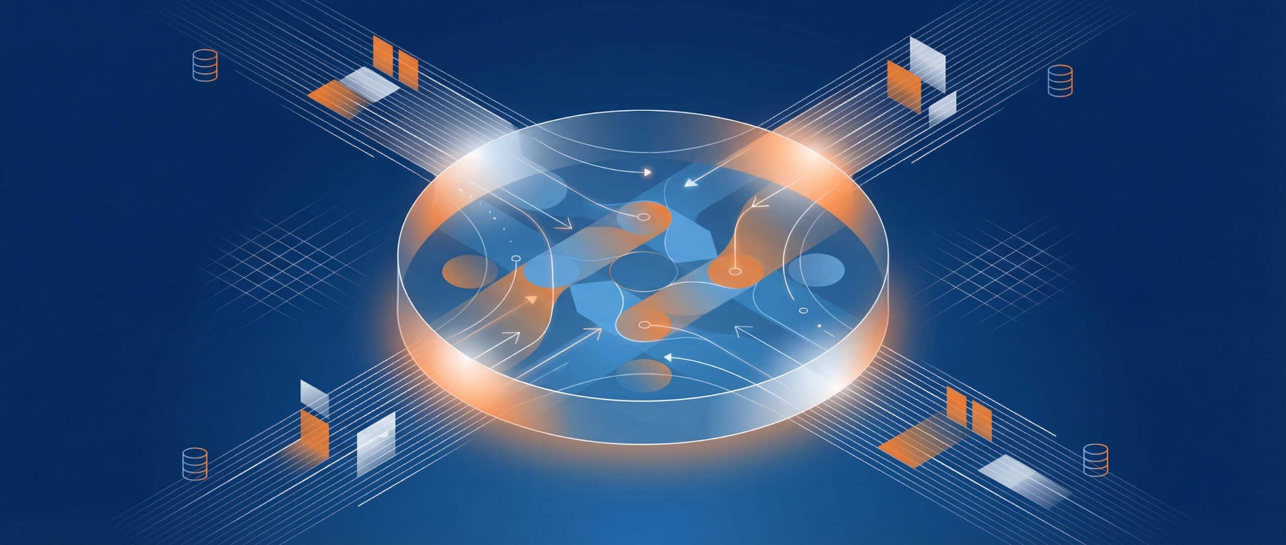 Illustration d'un lac de données avec des éléments graphiques représentant des flux de données.