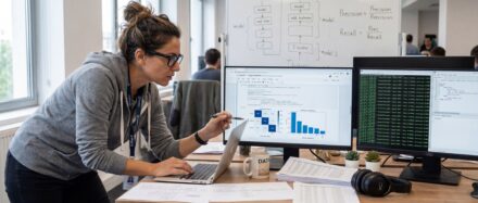 Femme travaillant sur un ordinateur portable avec deux écrans affichant des graphiques et des données dans un bureau moderne.