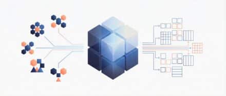 Illustration représentant un entrepôt de données avec des éléments graphiques illustrant la gestion des informations et leur flux.