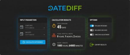 Interface de DATEDIFF sur Power BI affichant les paramètres d'entrée et les résultats du calcul d'intervalle entre deux dates.