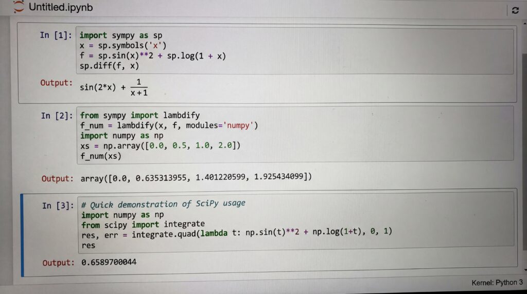 Écran montrant un script Python en cours d'exécution, avec des exemples de code sur l'utilisation de la bibliothèque NumPy.