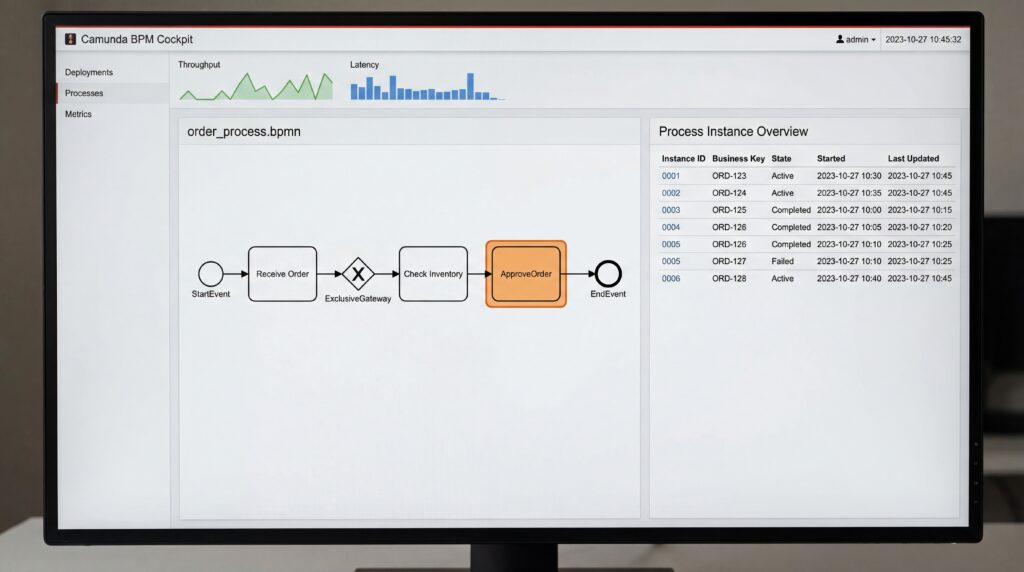 Écran d'ordinateur affichant un diagramme de processus logiciel avec des éléments graphiques et des données en arrière-plan.
