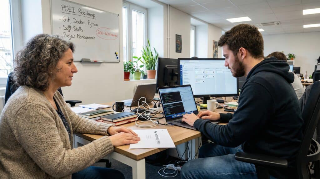 Une discussion au bureau entre deux collègues, l'un travaillant sur un ordinateur portable, l'autre consultant des documents.