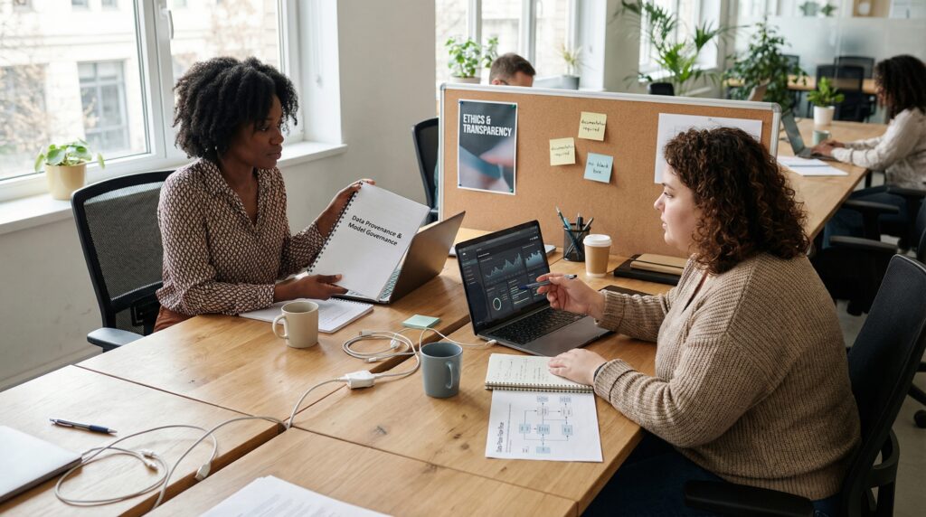 Deux collègues discutant autour d'une table de travail avec des documents et un ordinateur portable.