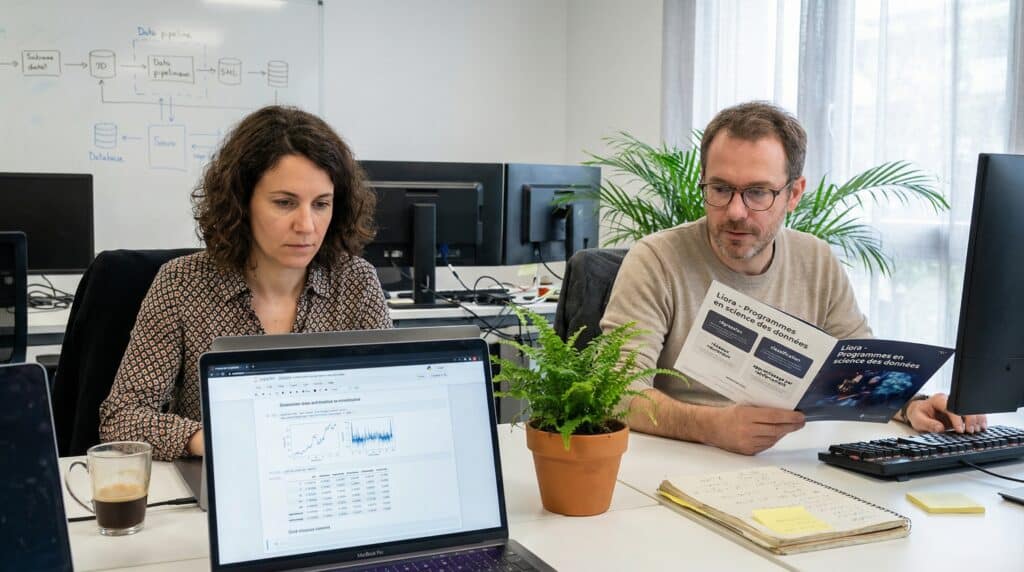 Deux personnes assises à un bureau, une femme et un homme, analysant des graphiques sur un ordinateur portable et un document imprimé dans un environnement de travail moderne.