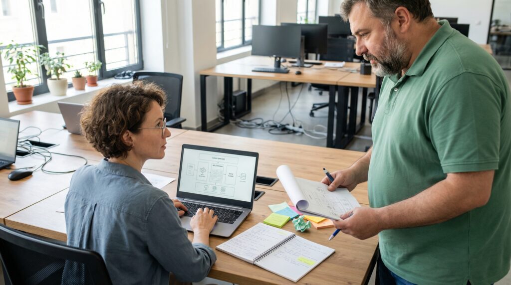 Un homme et une femme discutent autour d'un bureau, avec un ordinateur portable ouvert et des documents sur la table.