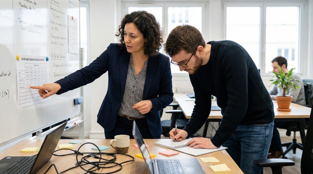 Deux collègues discutant autour d'une table en bureau, examinant des notes et des graphiques sur un tableau blanc.