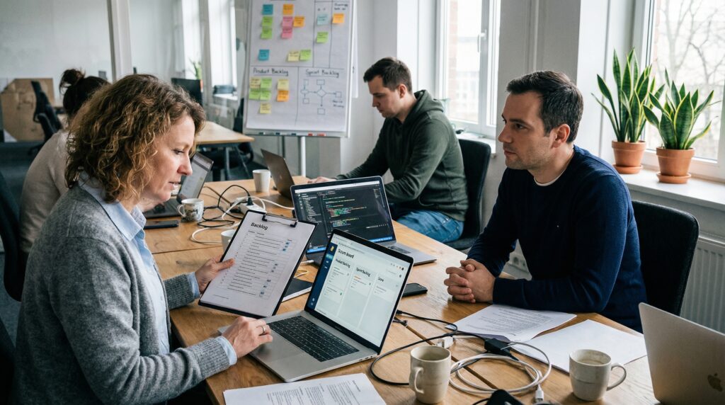 Réunion d'équipe dans un bureau moderne avec des ordinateurs portables, des documents et des tasses de café sur la table.