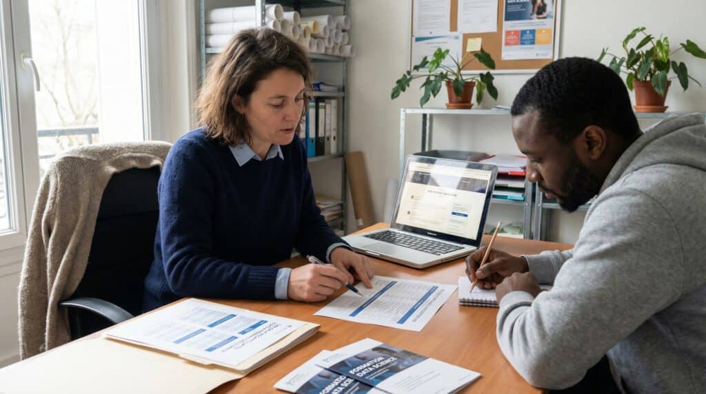 Deux collaborateurs en train de discuter d'un projet autour d'une table de travail, avec des documents et un ordinateur portable ouverts.