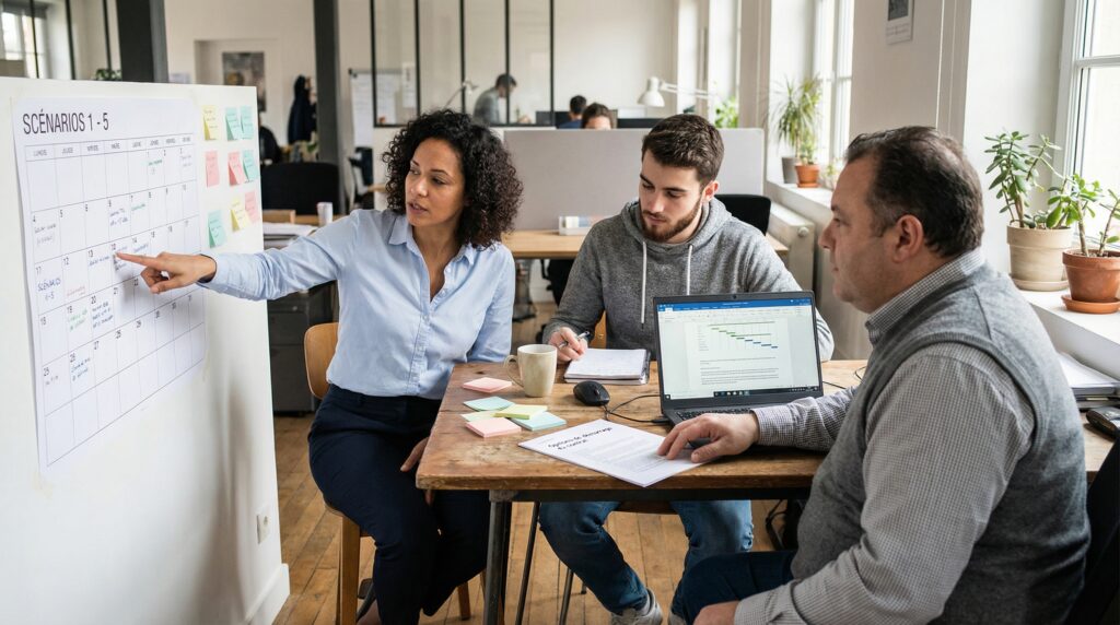 Trois personnes en réunion autour d'une table, examinant un tableau de stratégie et une présentation sur ordinateur.